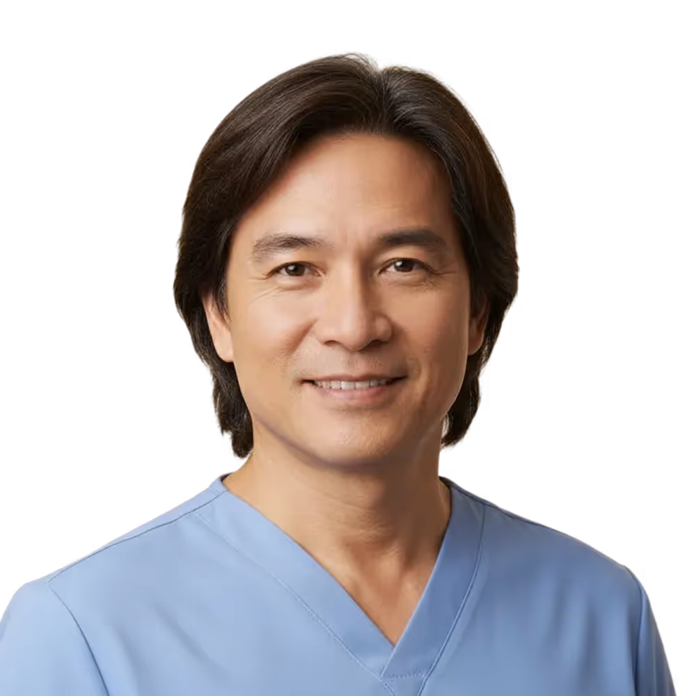 Smiling middle-aged Asian man wearing light blue medical scrubs against a black background.