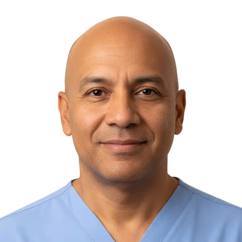 Smiling middle-aged bald man wearing light blue medical scrubs against a plain background.