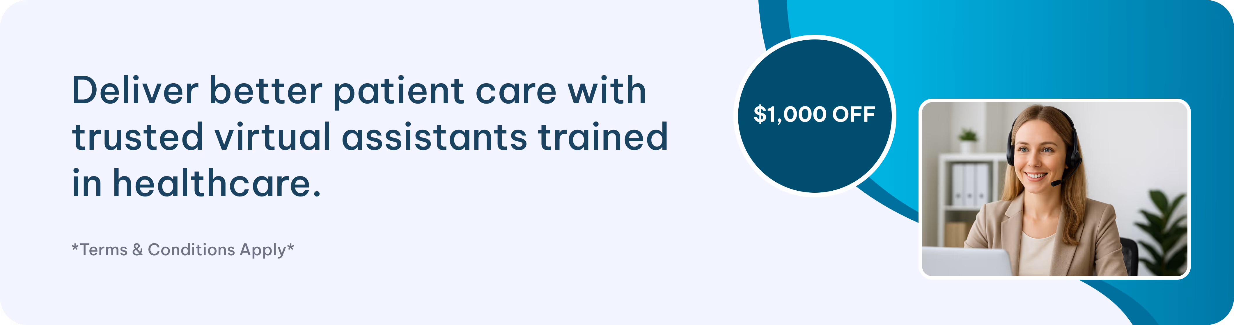 Smiling woman wearing a headset and beige blazer sitting at a desk with laptop, promoting trusted healthcare virtual assistants with a $1,000 discount offer.