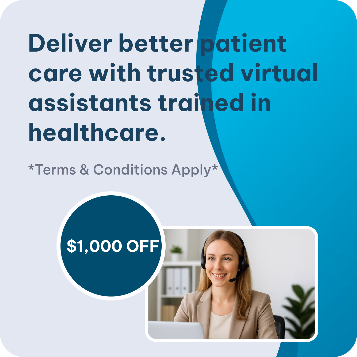 Smiling woman wearing a headset at a laptop, promoting $1,000 off trusted virtual assistants trained in healthcare.