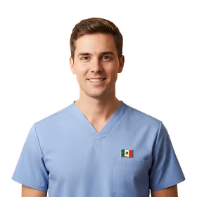 Smiling young male healthcare worker wearing light blue scrubs with a small Mexican flag patch on the chest pocket.