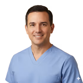 Smiling man with short dark hair wearing a light blue medical scrub top.