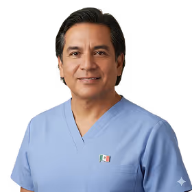 Man wearing light blue medical scrubs with a small Mexican flag patch.