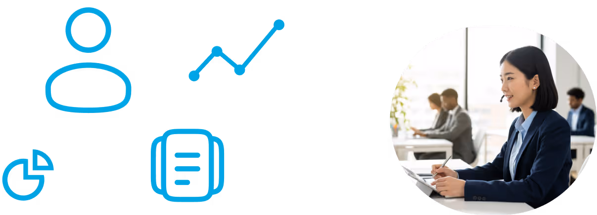 Customer support representative wearing a headset and smiling while working at a desk with colleagues in the background, alongside blue icons representing user, graph, pie chart, and headset with document.