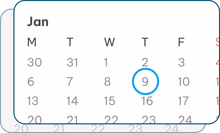 Calendar showing the month of January with the 9th circled in blue.