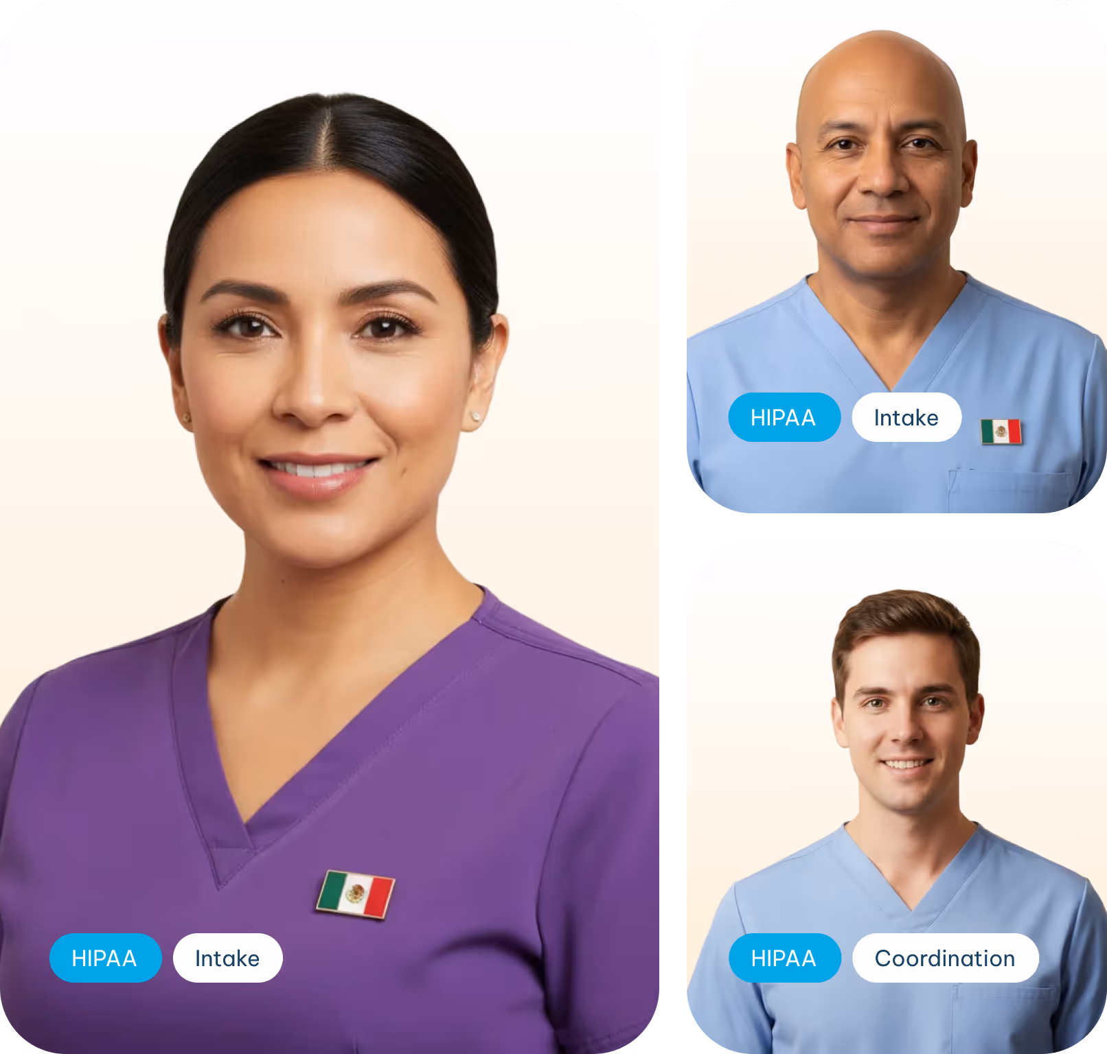 Portraits of three healthcare professionals wearing scrubs and Mexican flag pins, with labels HIPAA, Intake, and Coordination.