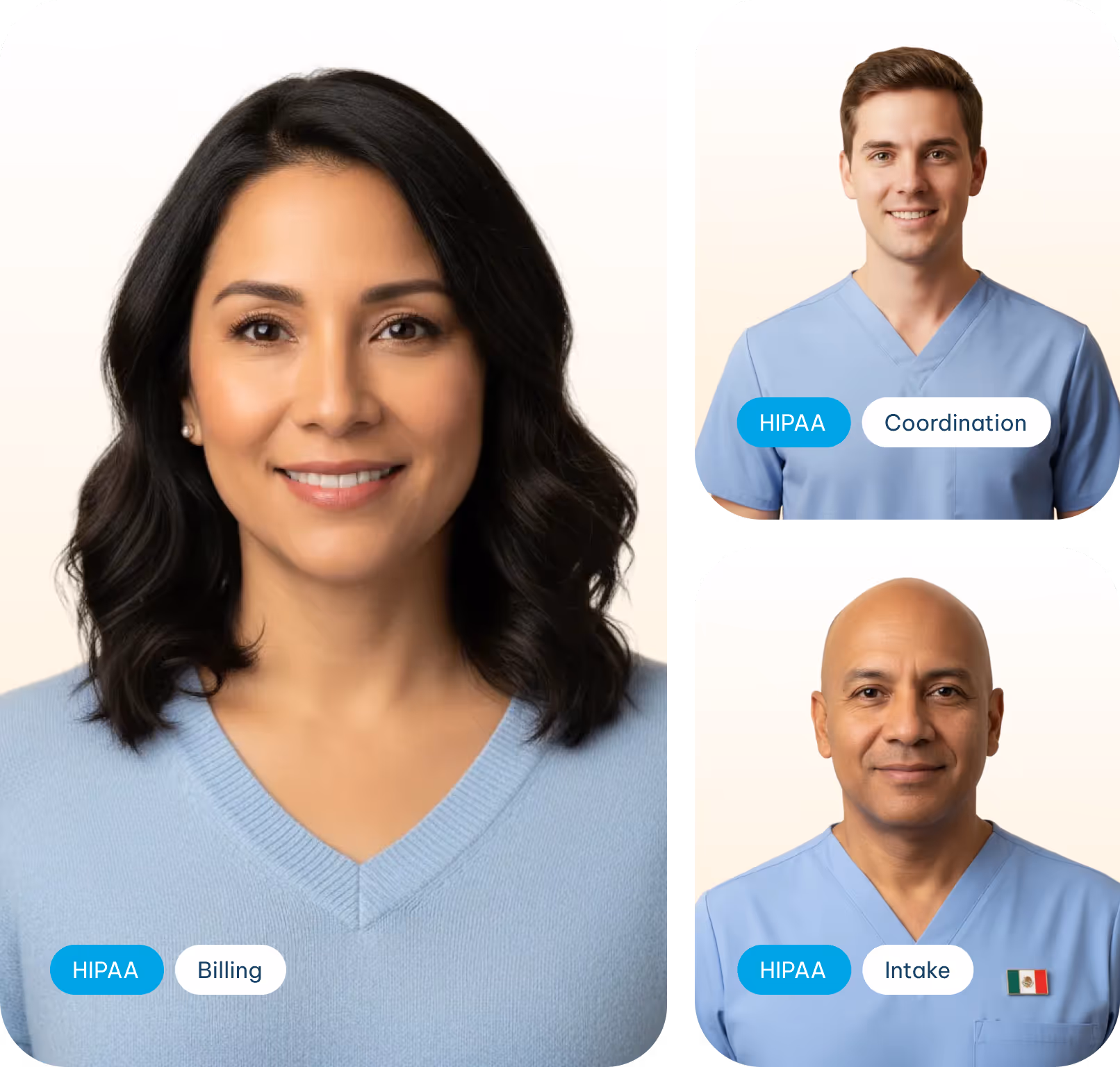 Portraits of three healthcare professionals wearing blue tops, labeled with HIPAA compliance and roles: Billing, Coordination, and Intake.