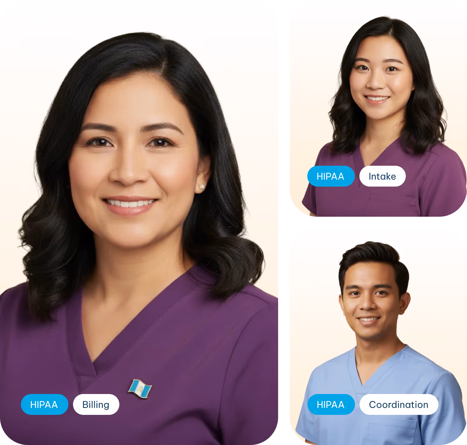 Portraits of three smiling healthcare professionals with labels: HIPAA Billing, HIPAA Intake, and HIPAA Coordination.