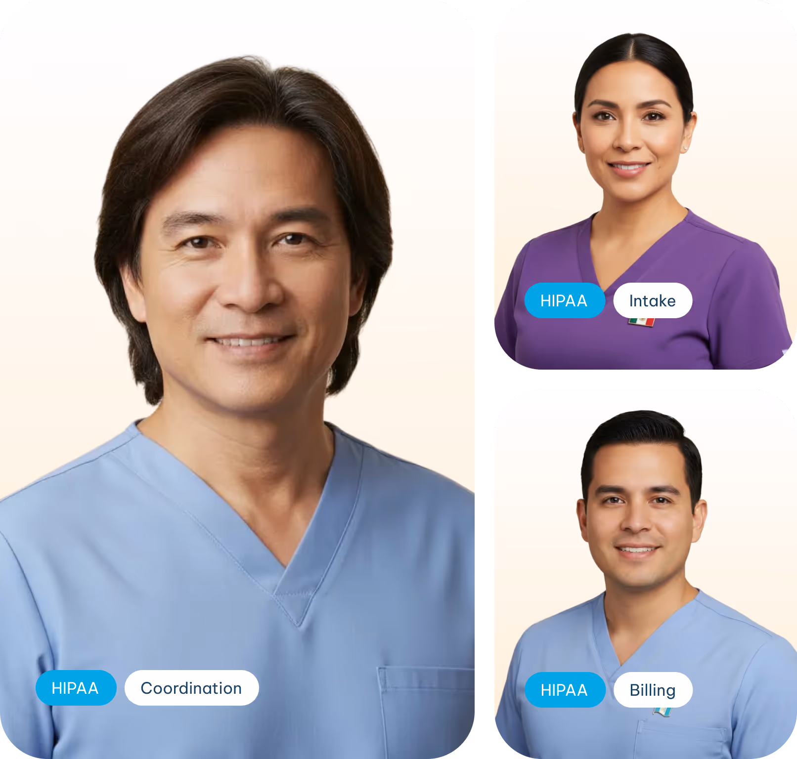 Three healthcare professionals in scrubs labeled with HIPAA coordination, intake, and billing roles.