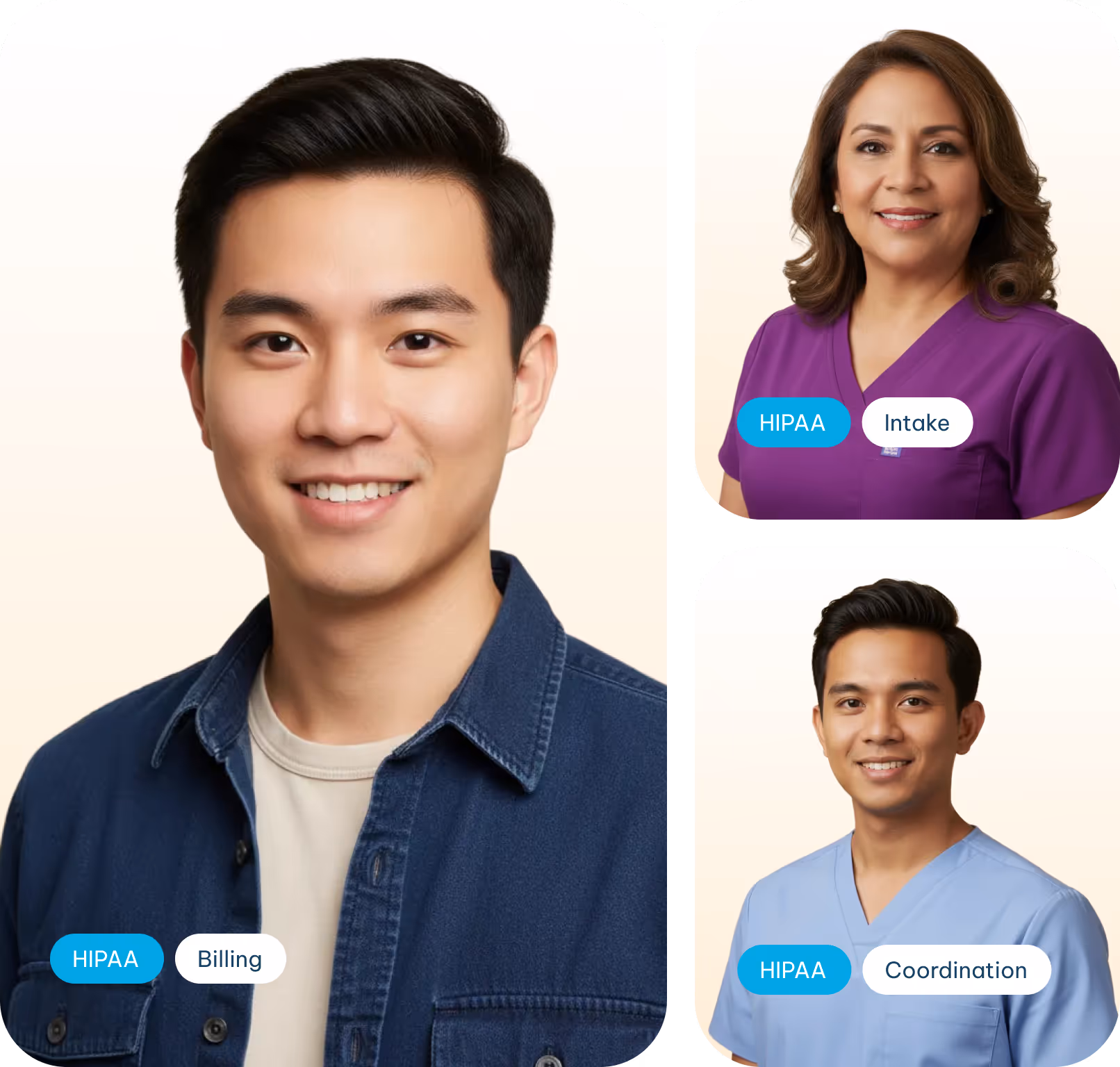Three healthcare professionals smiling, labeled with HIPAA-compliant roles: a young man in denim shirt for Billing, a woman in purple scrubs for Intake, and a man in blue scrubs for Coordination.