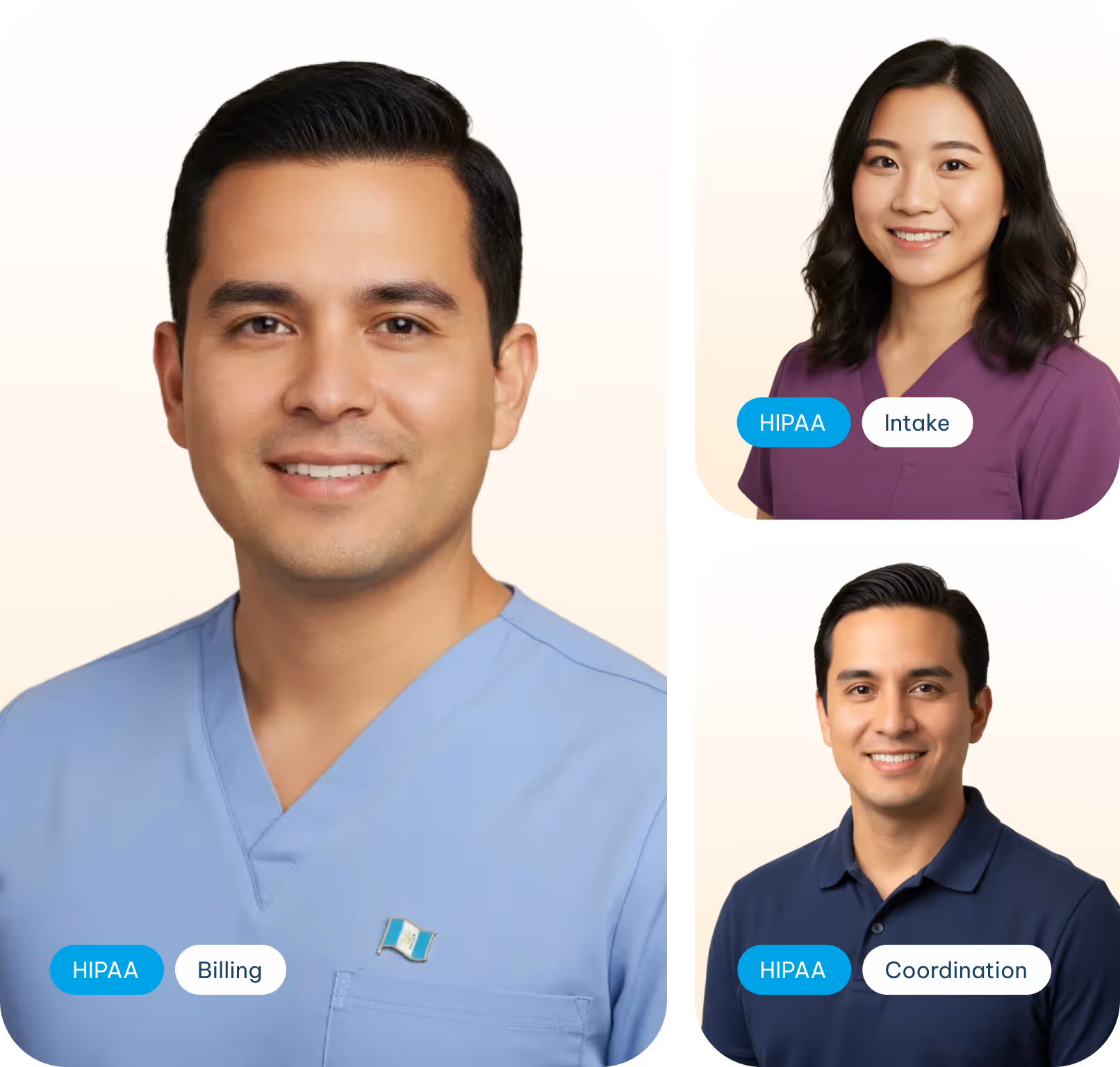 Three healthcare professionals smiling; man in blue scrubs with a flag pin labeled HIPAA Billing, woman in purple scrubs labeled HIPAA Intake, and man in navy polo labeled HIPAA Coordination.