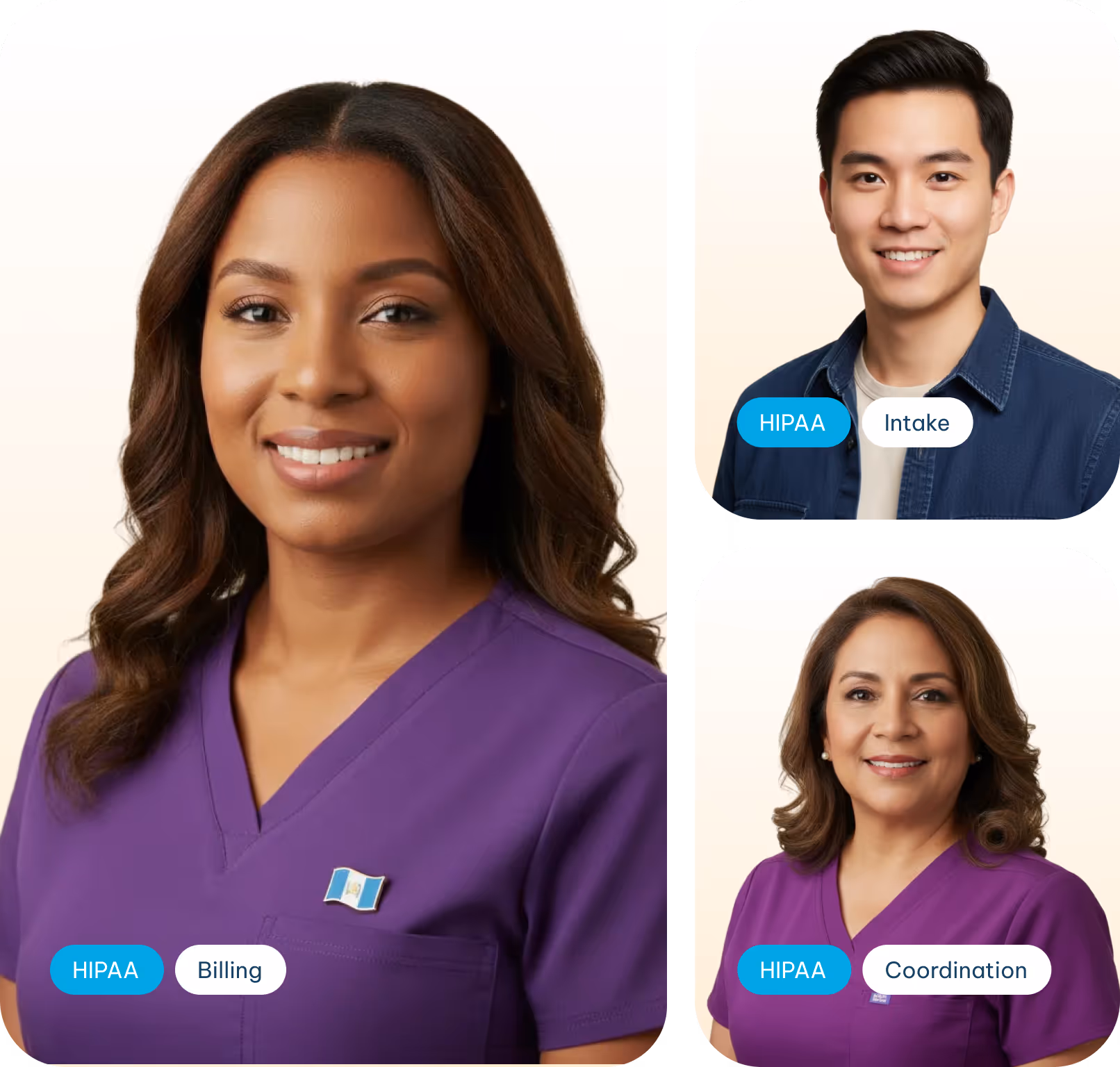 Three healthcare support staff: a woman in purple scrubs with a flag pin labeled HIPAA Billing, a man in a blue shirt labeled HIPAA Intake, and a woman in purple scrubs labeled HIPAA Coordination.