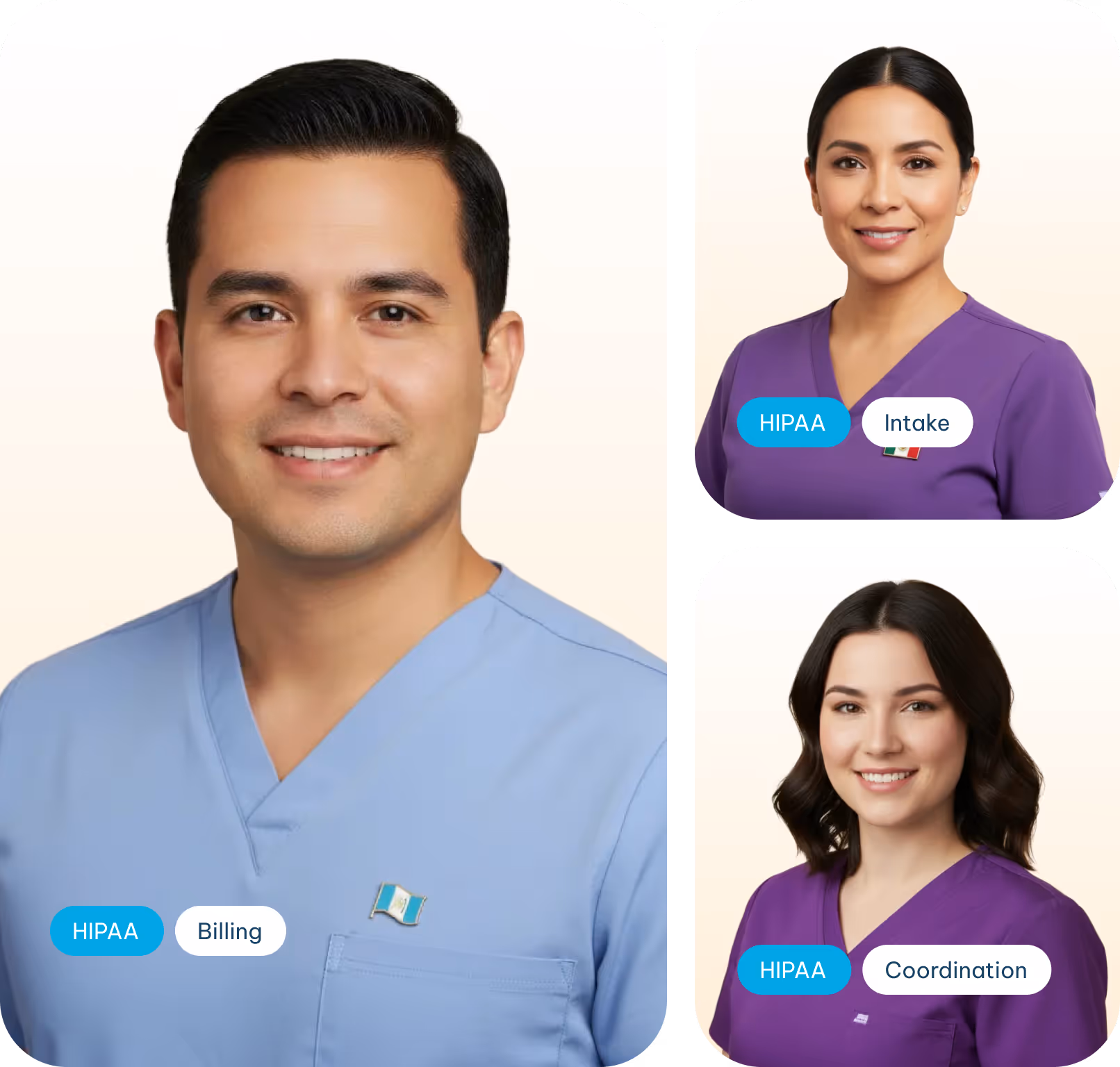 Three medical professionals wearing scrubs with small flag pins, labeled with HIPAA and roles: Billing, Intake, and Coordination.