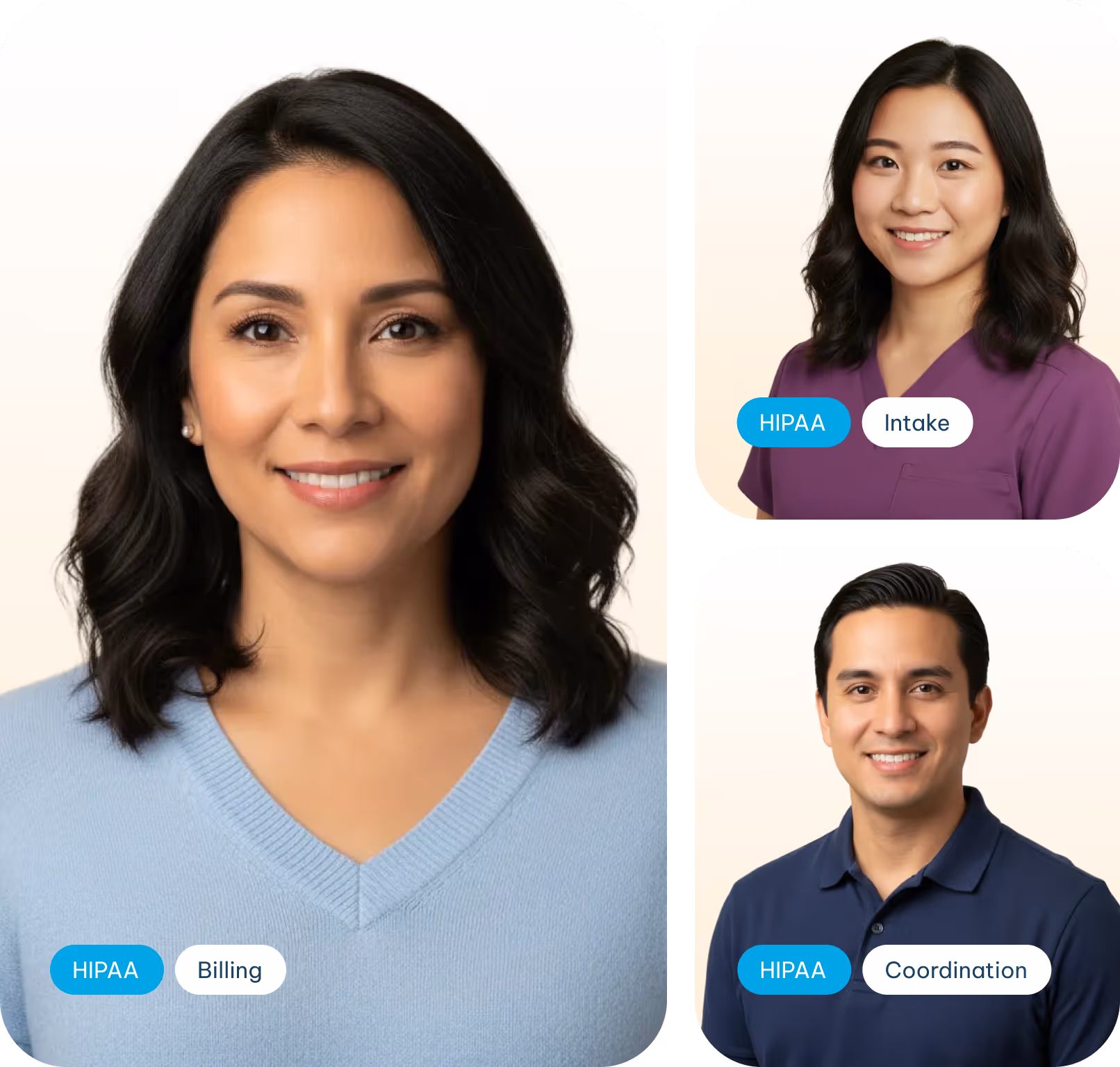 Portraits of three smiling healthcare professionals labeled with HIPAA and roles: billing, intake, and coordination.