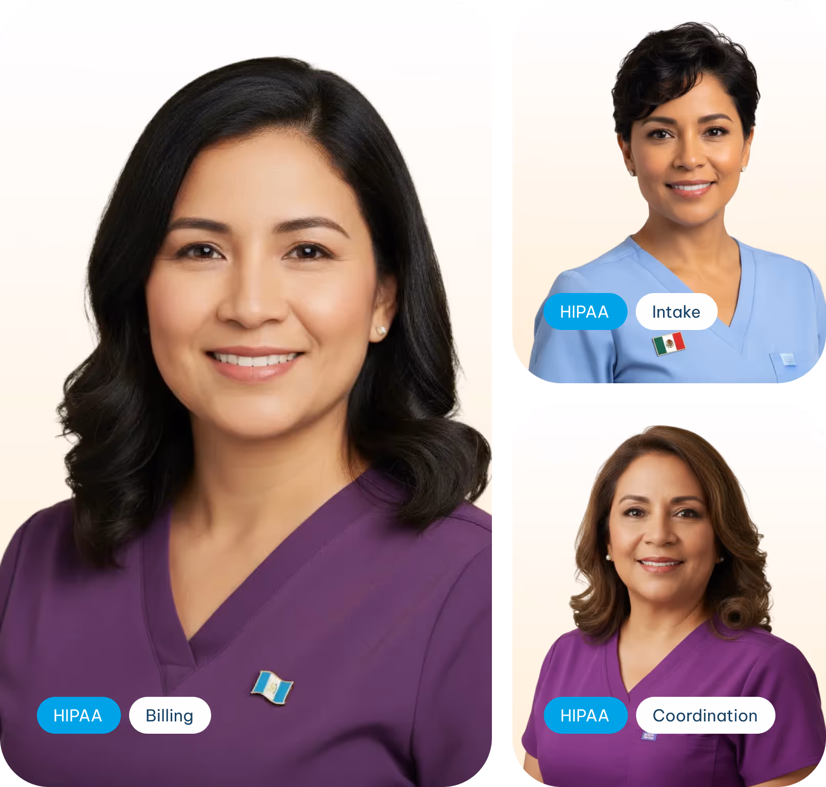 Three smiling women in medical scrubs with flags on their lapels, labeled HIPAA Billing, Intake, and Coordination.