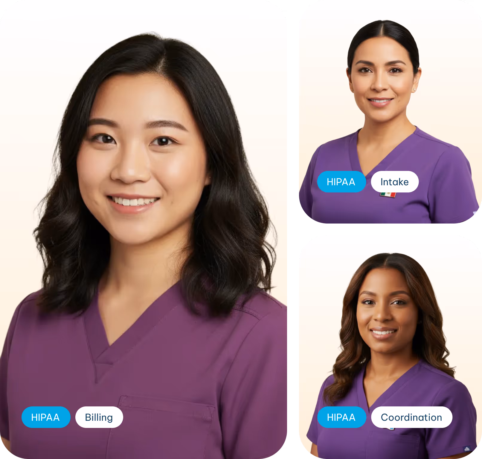 Three healthcare professionals wearing purple scrubs labeled HIPAA Billing, HIPAA Intake, and HIPAA Coordination, smiling against a light background.