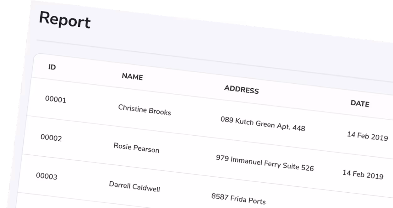 Report table listing IDs, names, addresses, and dates for Christine Brooks, Rosie Pearson, and Darrell Caldwell.