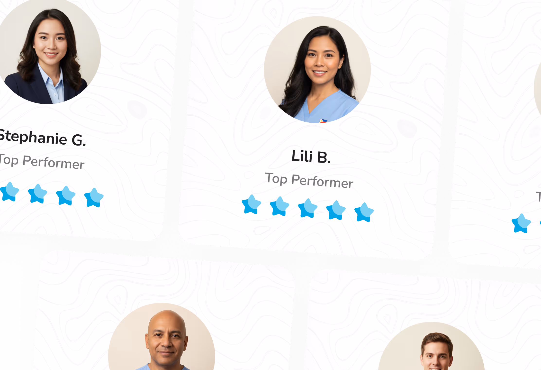 Profile images of four smiling professionals labeled Stephanie G., Lili B., and two others, each rated as top performers with five blue stars.