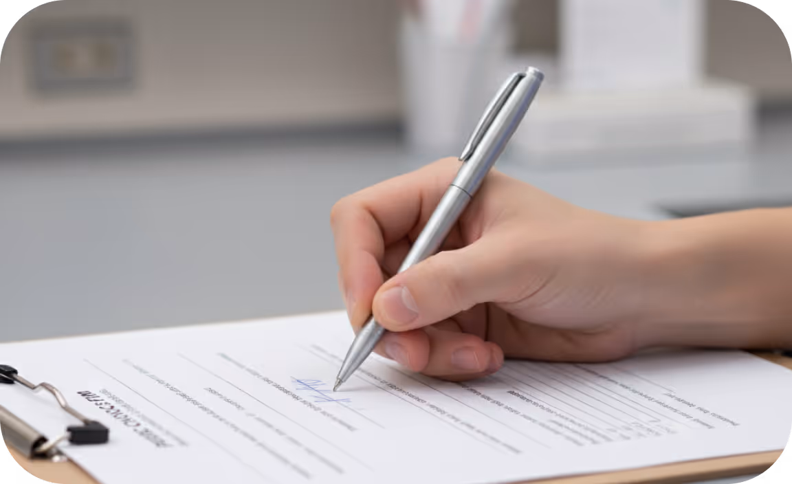 Hand holding a silver pen signing a document on a clipboard.