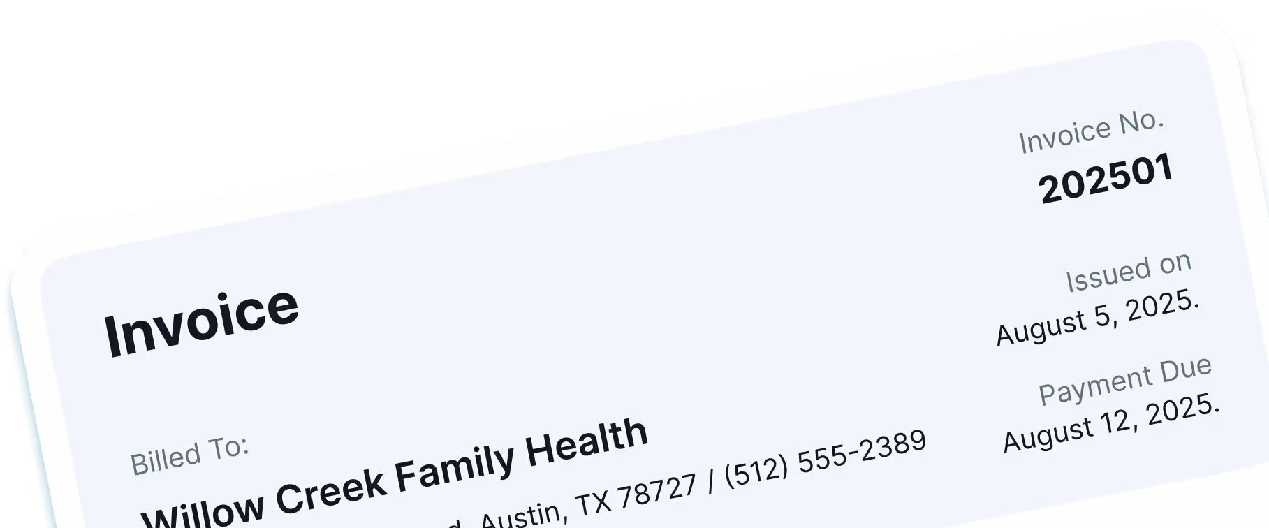 Invoice addressed to Willow Creek Family Health in Austin, TX, with invoice number 202501, issued on August 5, 2025, and payment due by August 12, 2025.