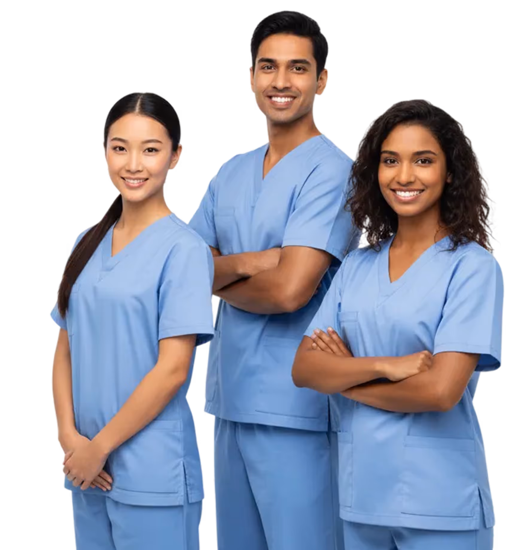 Three smiling healthcare professionals in blue scrubs standing with arms crossed or hands clasped.
