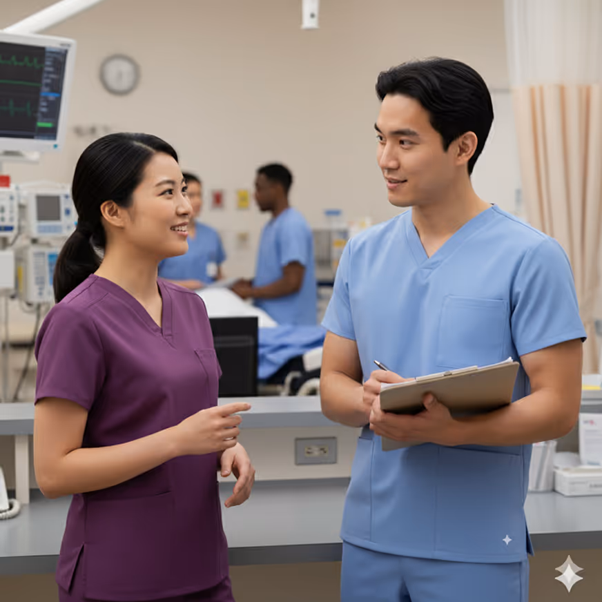 Two nurses in scrubs, one in purple and one in blue, talking in a hospital setting with medical equipment in the background.