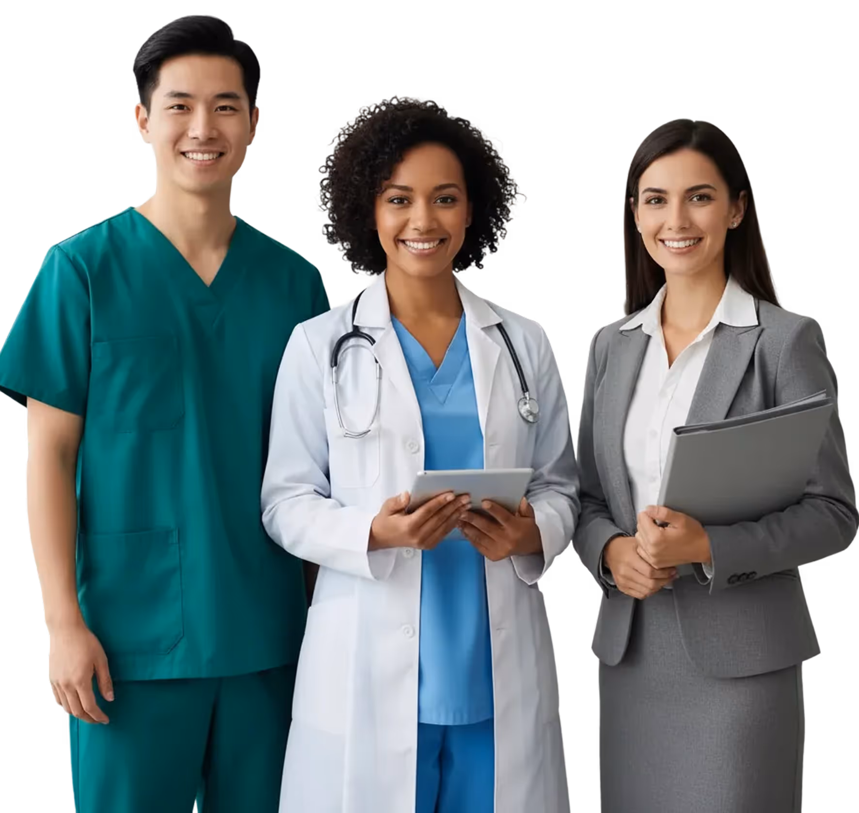 Smiling diverse medical professionals, including a male nurse in green scrubs, a female doctor in a white coat with a stethoscope and tablet, and a female businesswoman in a gray suit holding folders.