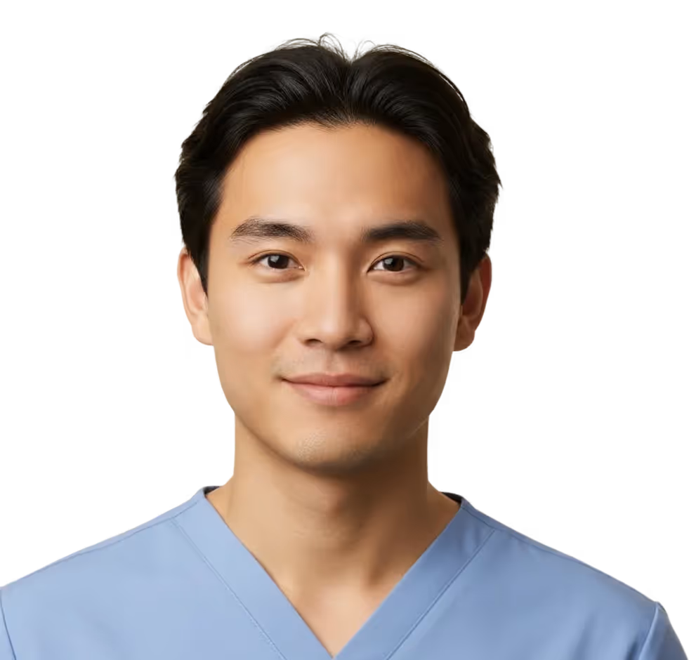 Young male healthcare professional wearing blue scrubs smiling at the camera.