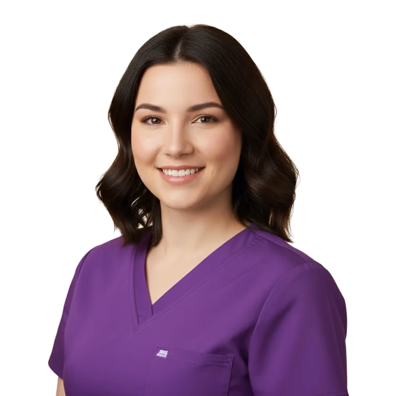 Smiling young woman with shoulder-length dark hair wearing a purple scrub top.