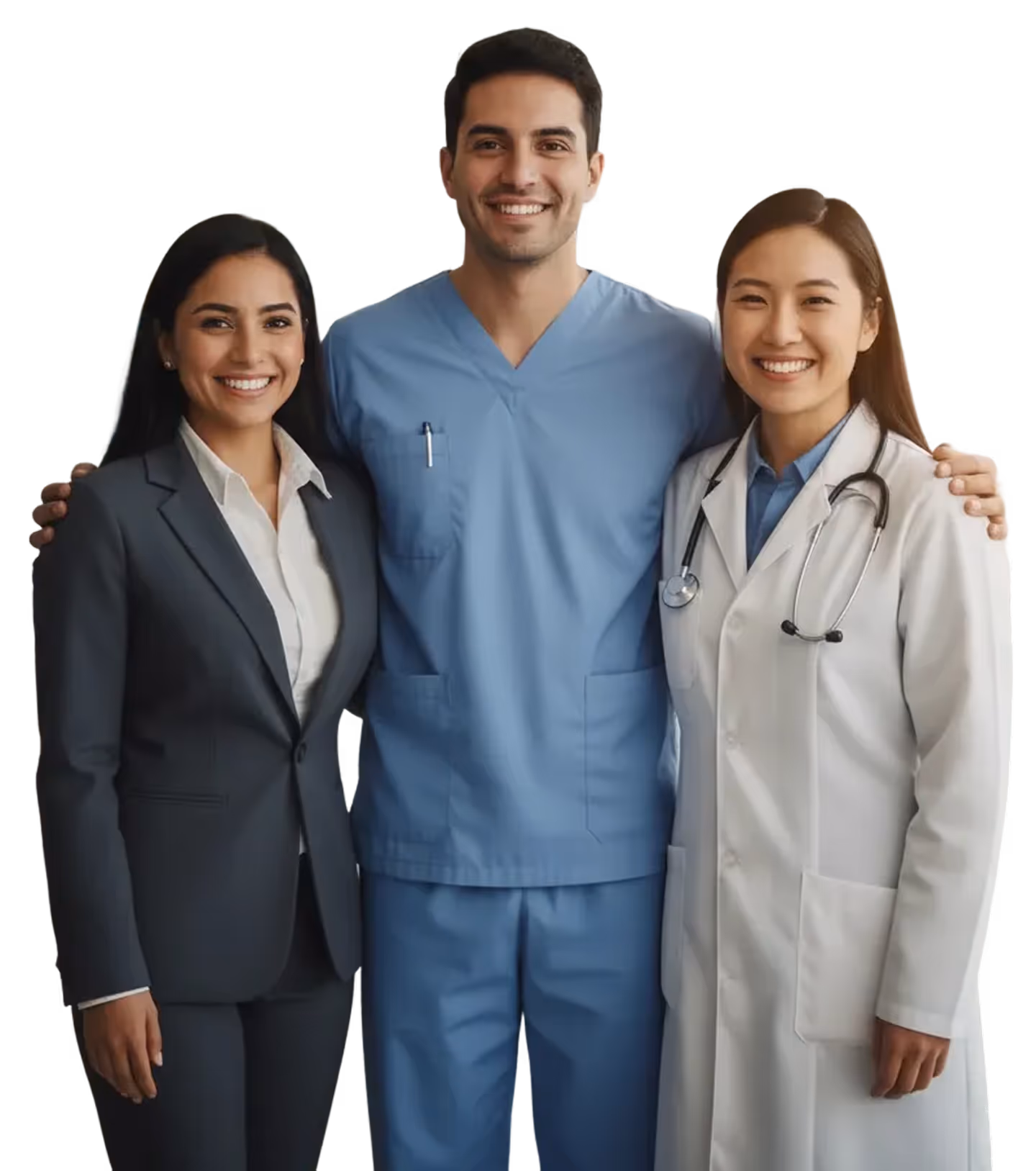 Three smiling healthcare professionals, including a woman in a business suit, a man in blue medical scrubs, and a woman in a white lab coat with a stethoscope.