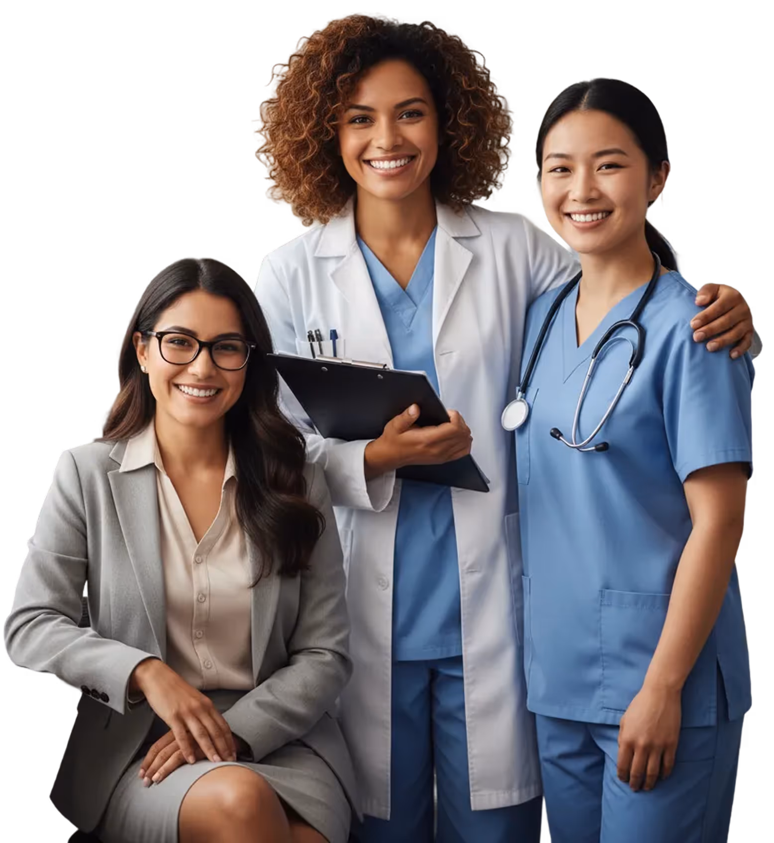 Three professional women smiling, one in business attire, one in a white lab coat holding a clipboard, and one in blue medical scrubs with a stethoscope.