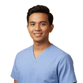 Smiling young man wearing light blue medical scrubs.