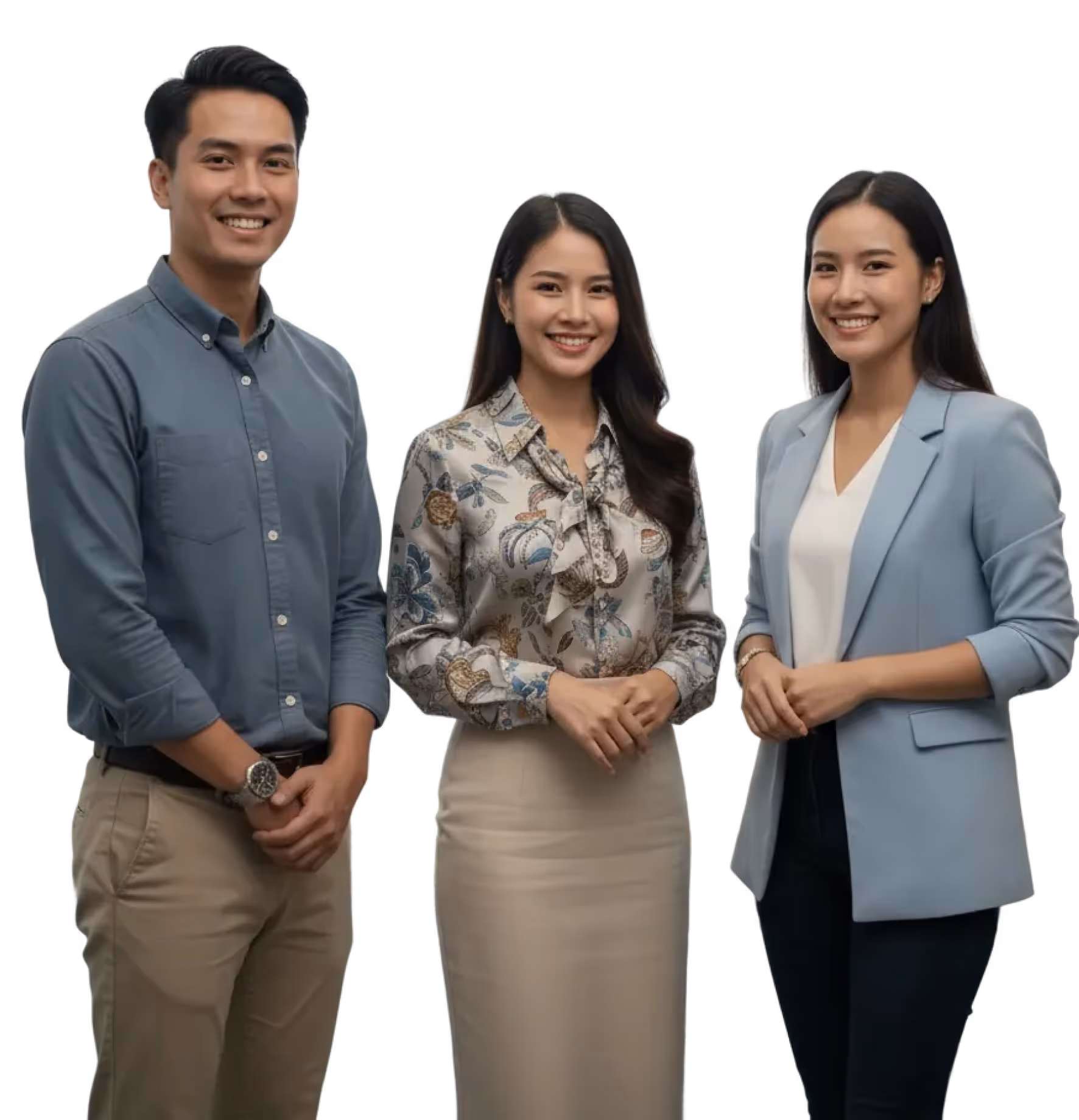 Three young professionals standing and smiling, dressed in business casual attire.