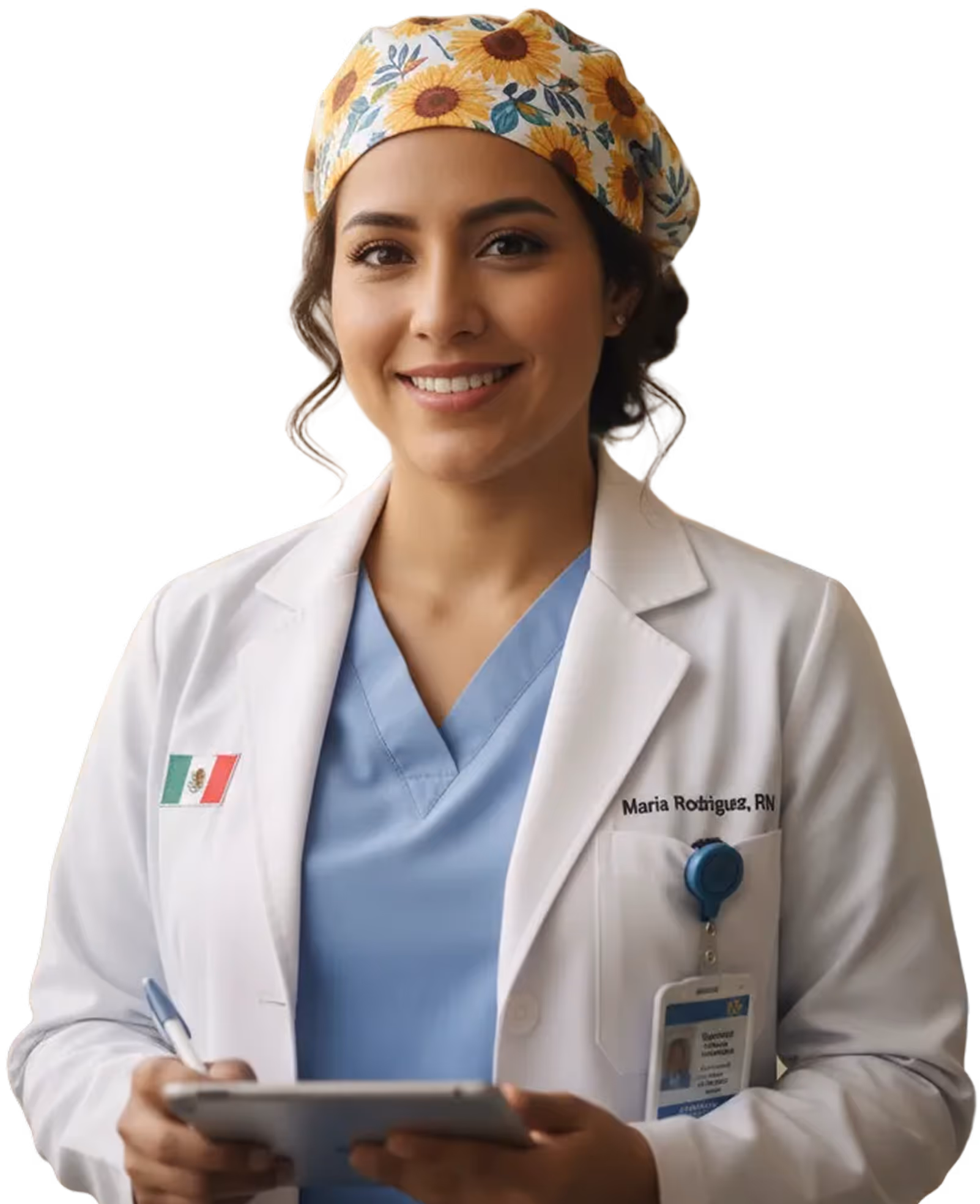 Smiling female nurse wearing a sunflower-patterned surgical cap, blue scrubs, and a white coat with a Mexican flag and an ID badge, holding a tablet and pen.