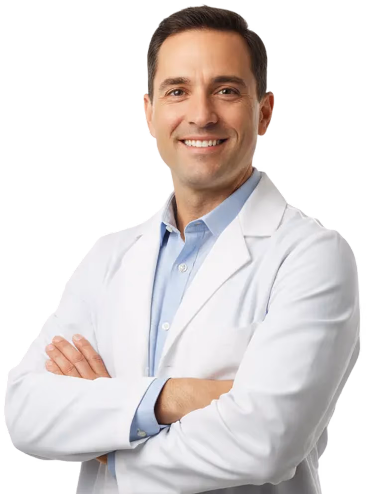 Smiling male doctor wearing a white lab coat and light blue shirt with arms crossed.