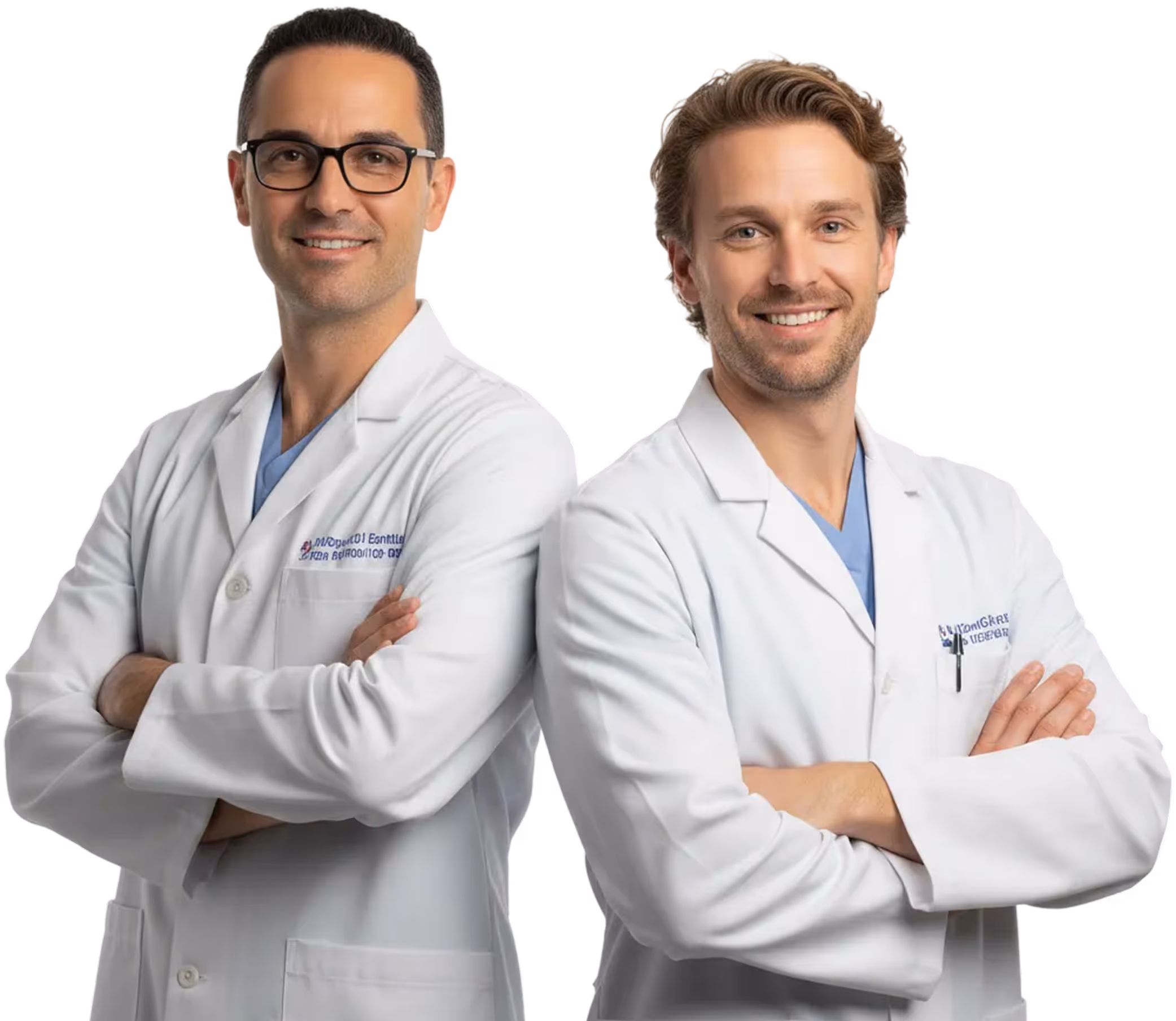 Two male doctors wearing white lab coats with arms crossed, smiling at the camera.