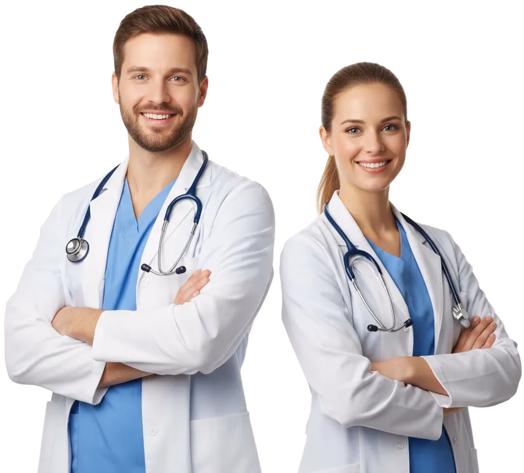 Smiling male and female doctors wearing white coats and blue scrubs with stethoscopes, standing with arms crossed.