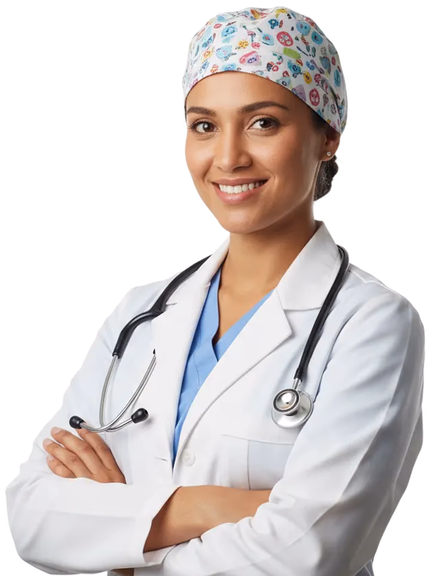 Smiling female doctor wearing a white coat, a colorful surgical cap, and a stethoscope around her neck, with arms crossed.
