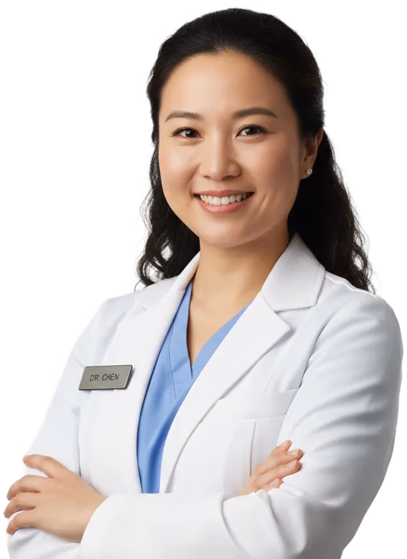 Smiling female doctor wearing a white coat and light blue scrubs with arms crossed.