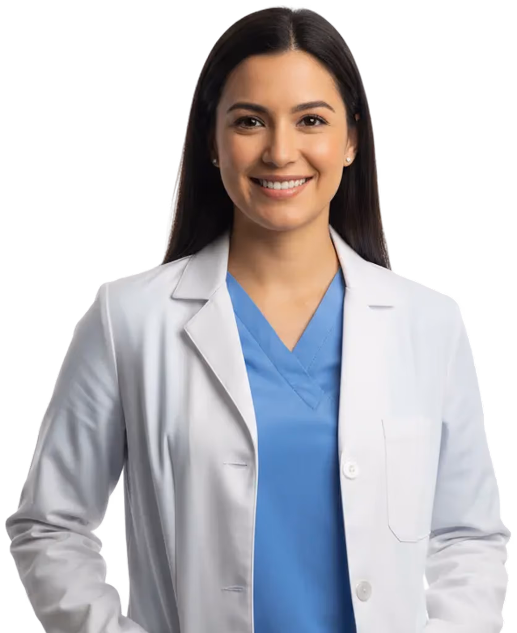 Smiling female doctor wearing a white coat and blue scrubs.