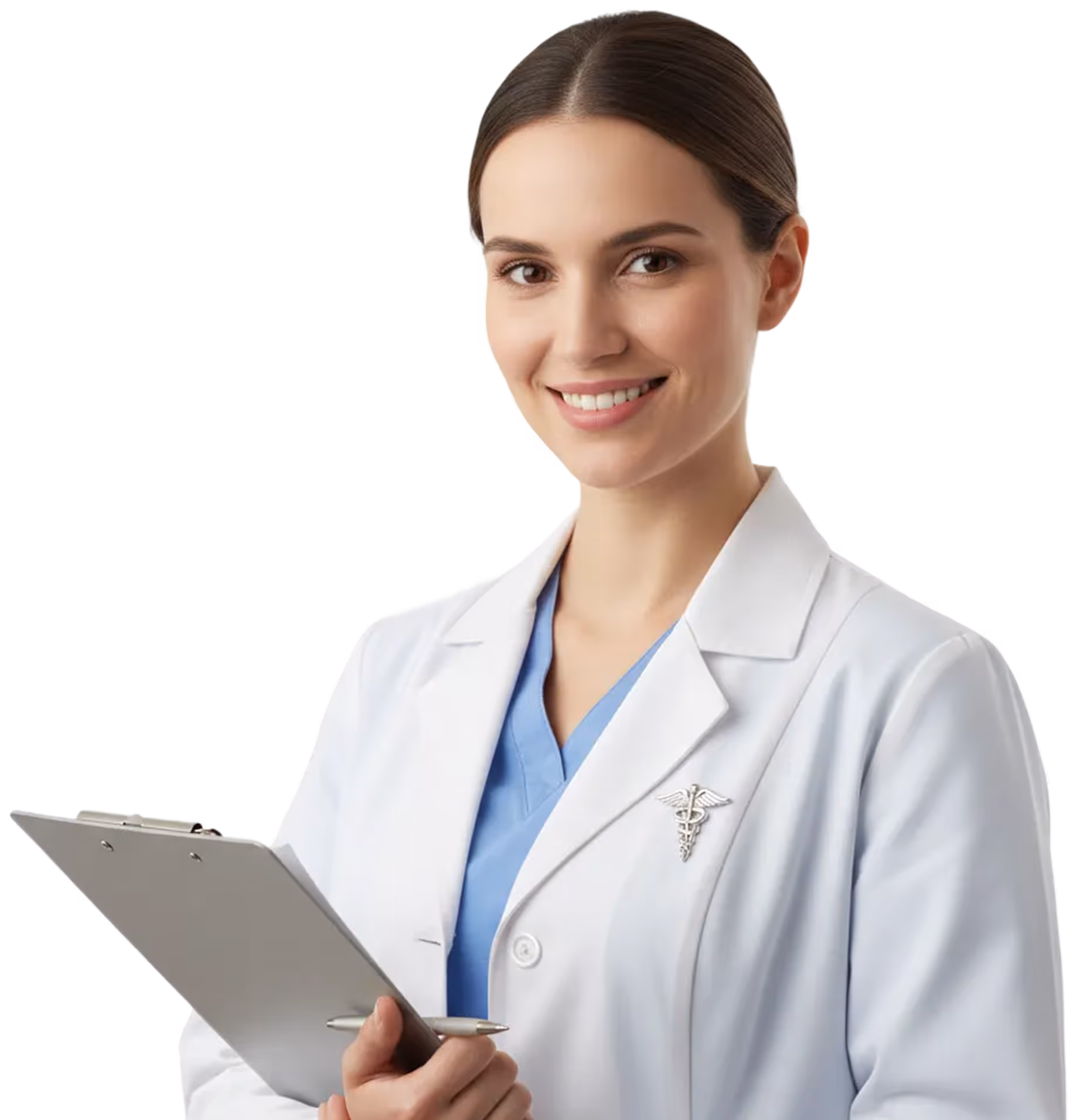 Smiling female doctor in white lab coat holding a clipboard and pen.