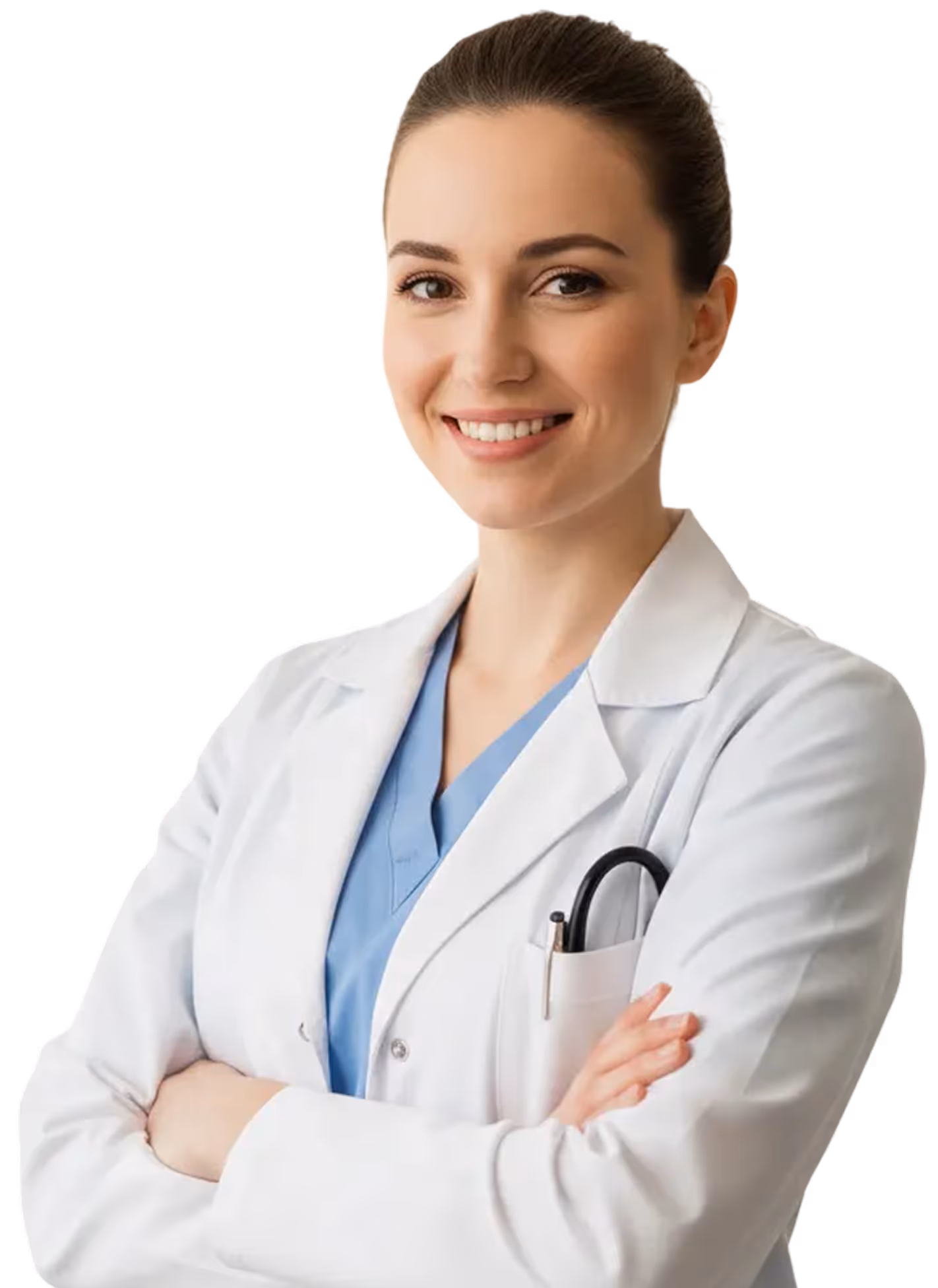 Smiling female doctor wearing a white coat and blue scrubs with a stethoscope in her pocket, arms crossed.