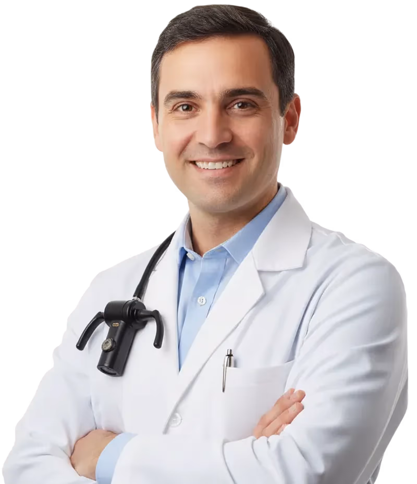 Smiling male doctor in a white lab coat with a light blue shirt and a black medical device around his neck.