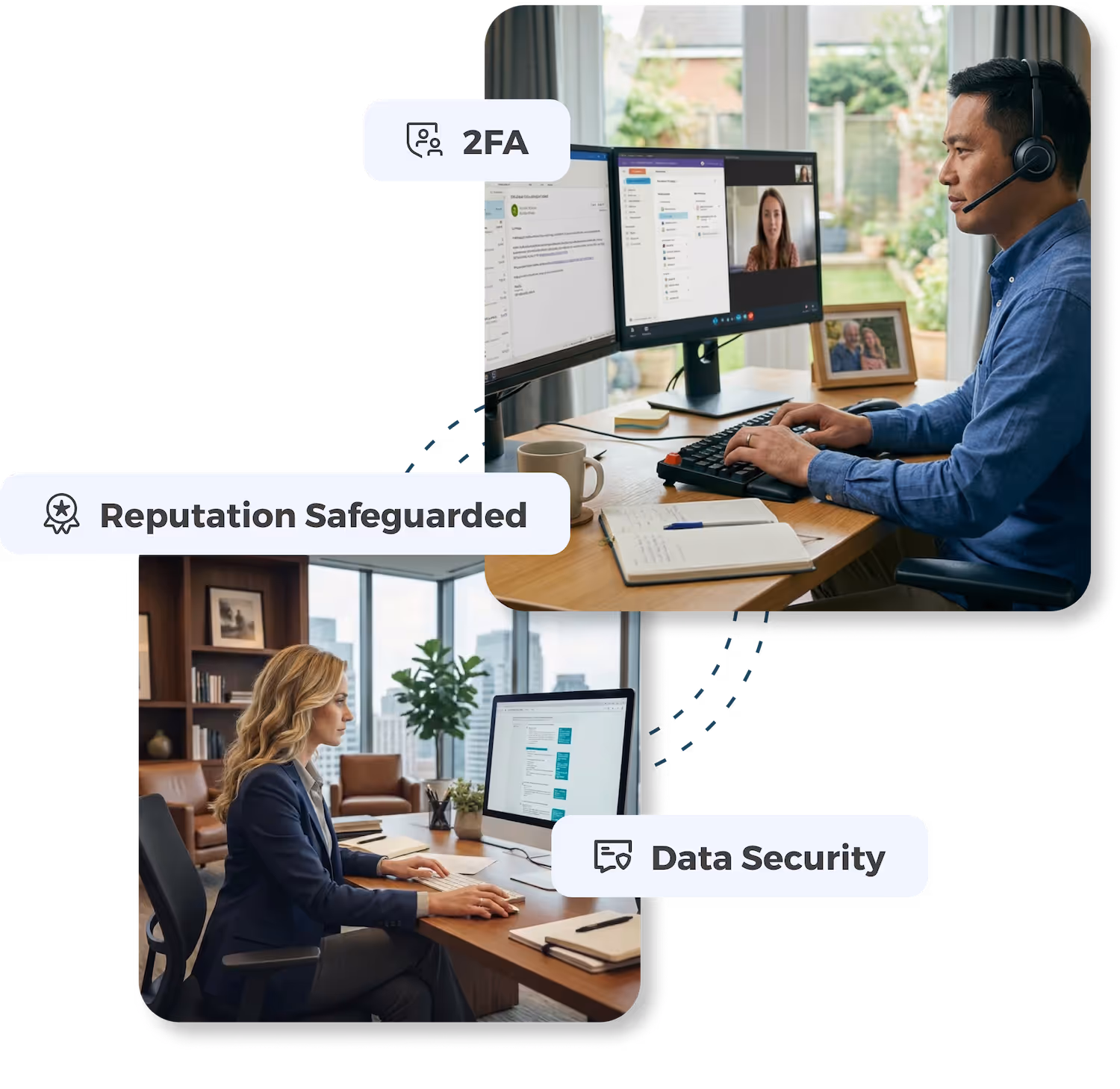 Two women working at desks with computers in office settings, overlaid with labels '2FA,' 'Reputation Safeguarded,' and 'Data Security.'