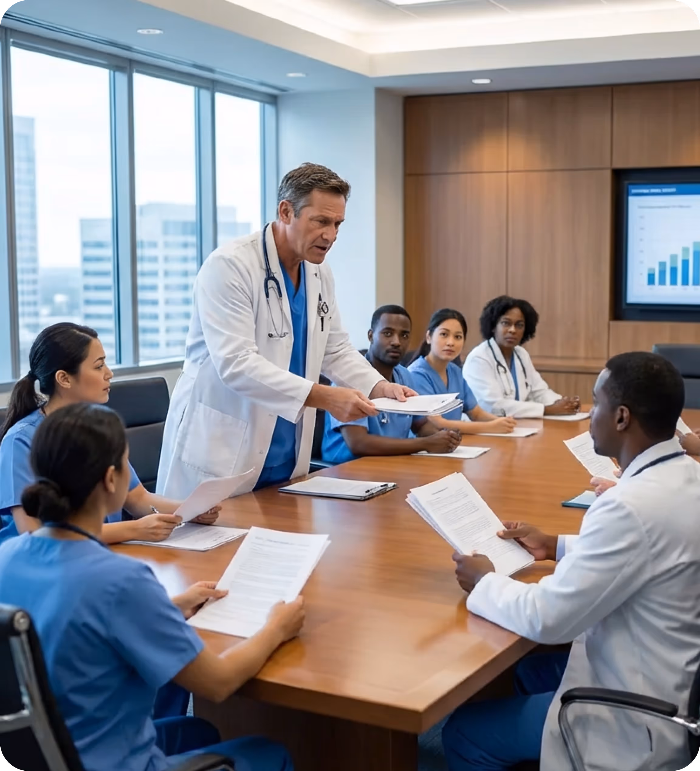 Stressed businessman in suit sitting at desk reviewing documents with city buildings visible through office windows.
