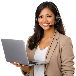 Smiling woman wearing headset and beige blazer holding a laptop.