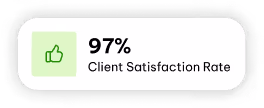 Smiling woman wearing headset and beige blazer holding a laptop with 97% client satisfaction rate graphic.