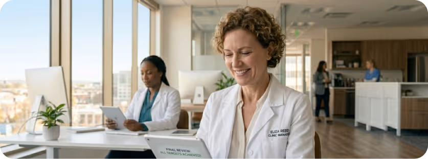 Smiling female clinic manager in a white coat reading a document in an office with coworkers in the background.