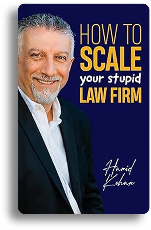 Smiling middle-aged man with gray hair and beard in a black suit and white shirt next to text reading 'HOW TO SCALE your stupid LAW FIRM' and the signature 'Hamid Khan'.