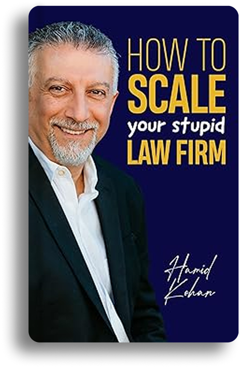 Smiling middle-aged man with gray hair and beard in a black suit and white shirt next to text reading 'HOW TO SCALE your stupid LAW FIRM' and the signature 'Hamid Khan'.